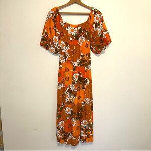 Faithfull The Brand Kiona Orange Brown Isola Floral Printed Dress Retro Size 4